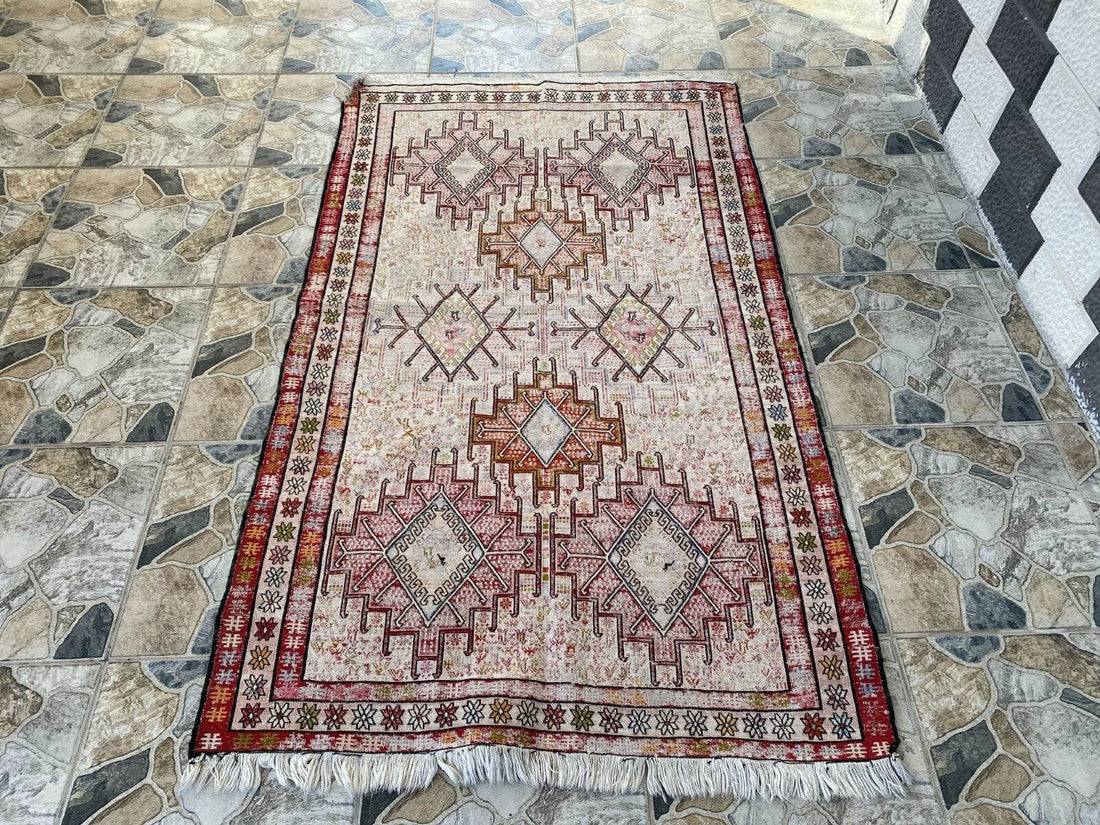 Vintage Persian Rug 3x6 ft, 1980s Wool Handmade Soumak Tribal Geometric Antique