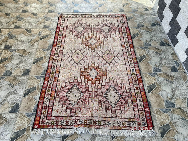 Vintage Persian Rug 3x6 ft, 1980s Wool Handmade Soumak Tribal Geometric Antique