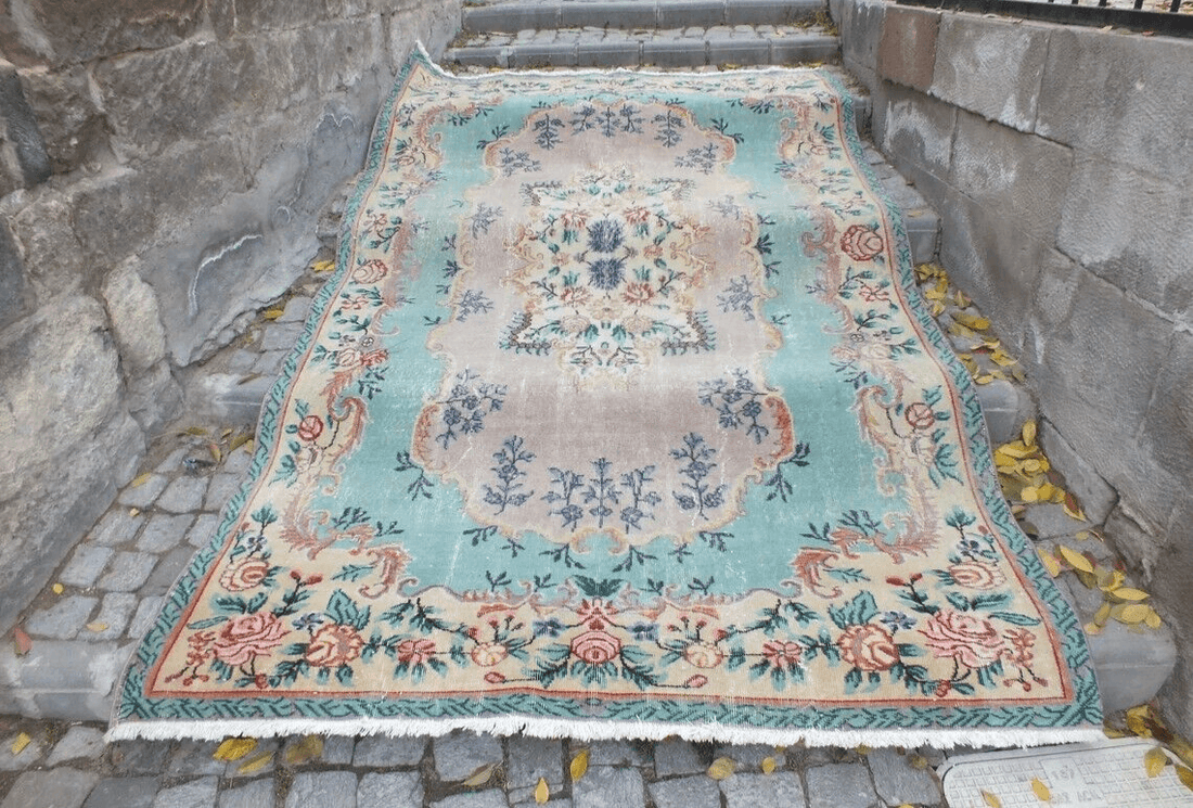 Large Turkish Vintage Oushak Rug, Farmhouse Handmade Wool Geometric 6.4x9.6 Ft