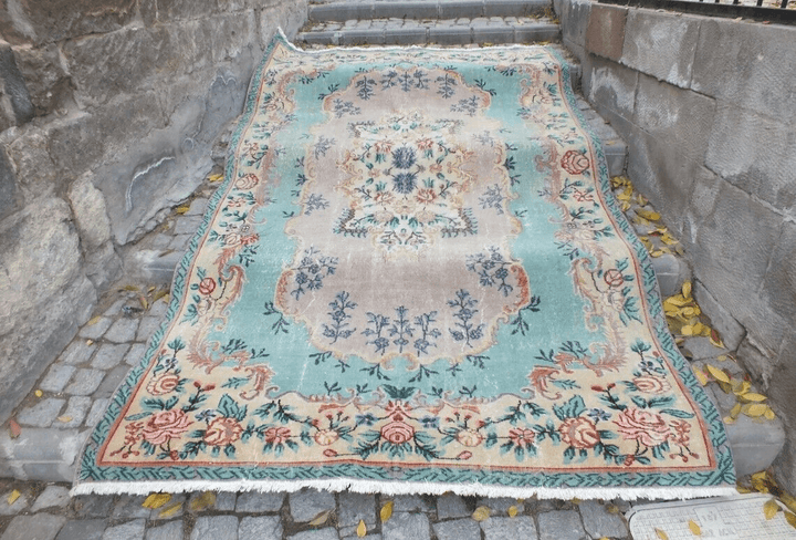 Large Turkish Vintage Oushak Rug, Farmhouse Handmade Wool Geometric 6.4x9.6 Ft