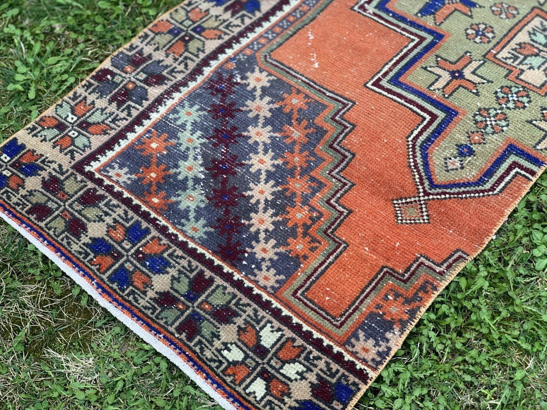 Turkish Vintage Oushak Rug, Wool Handmade Farmhouse Geometric Runner 2.5x8.2 ft