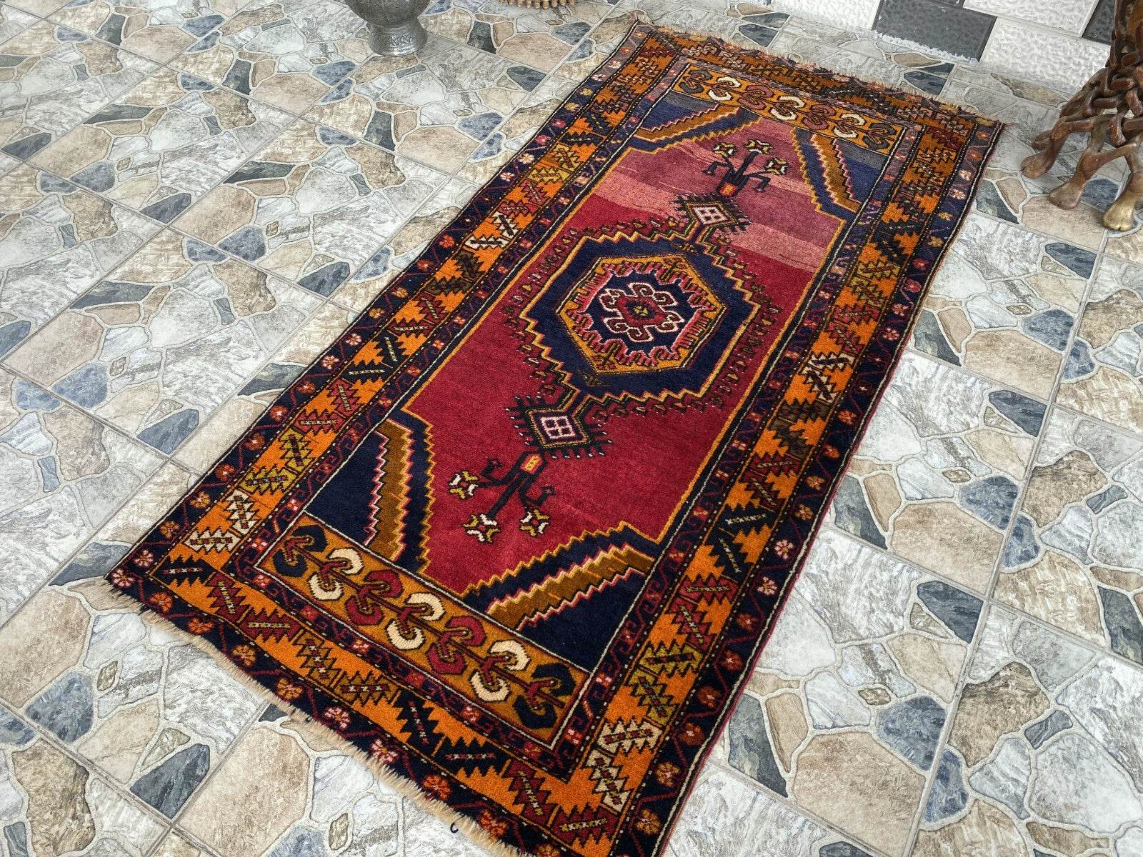 Geometric Turkish Vintage Rug, Farmhouse Handmade Anatolian Village Rug 3x6 ft