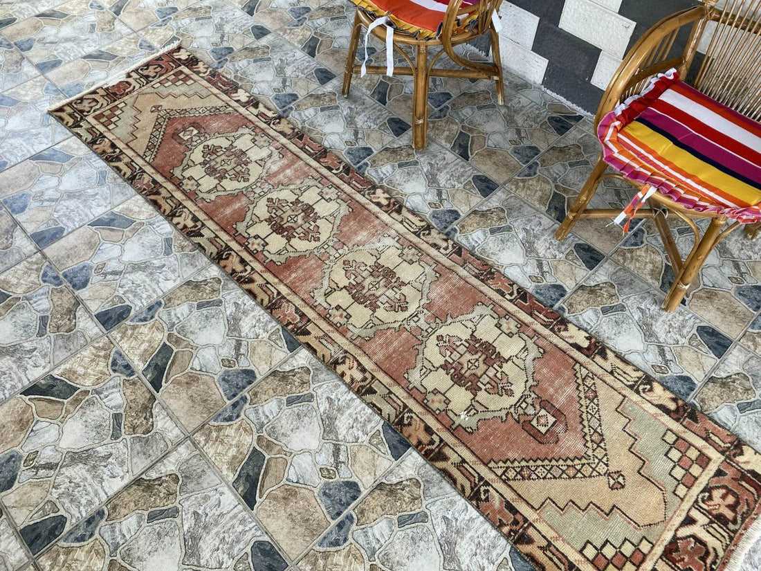 Vintage Rug | Wool Runner Antique Farmhouse Anatolian Handmade Turkish Rug 2x9ft