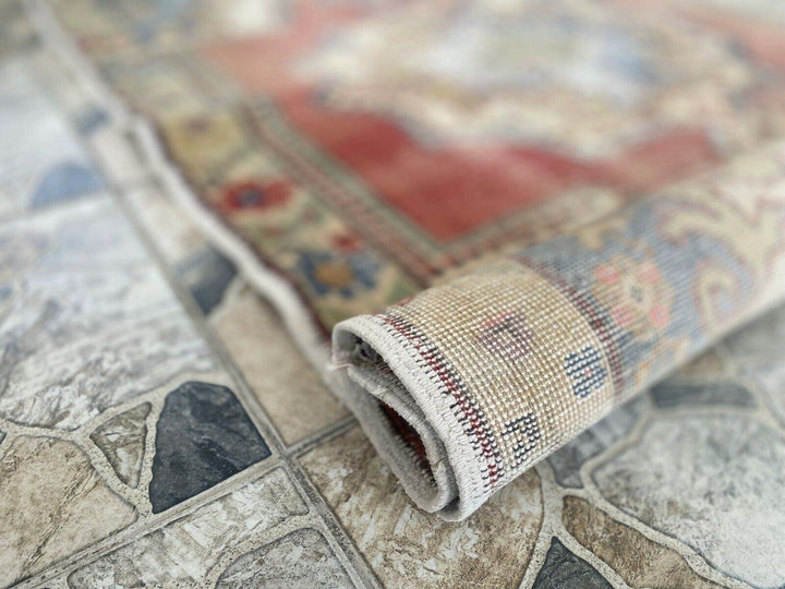 Vintage Geometric Turkish Rug Oushak Handmade Farmhouse Oriental Tribal 4x7 ft