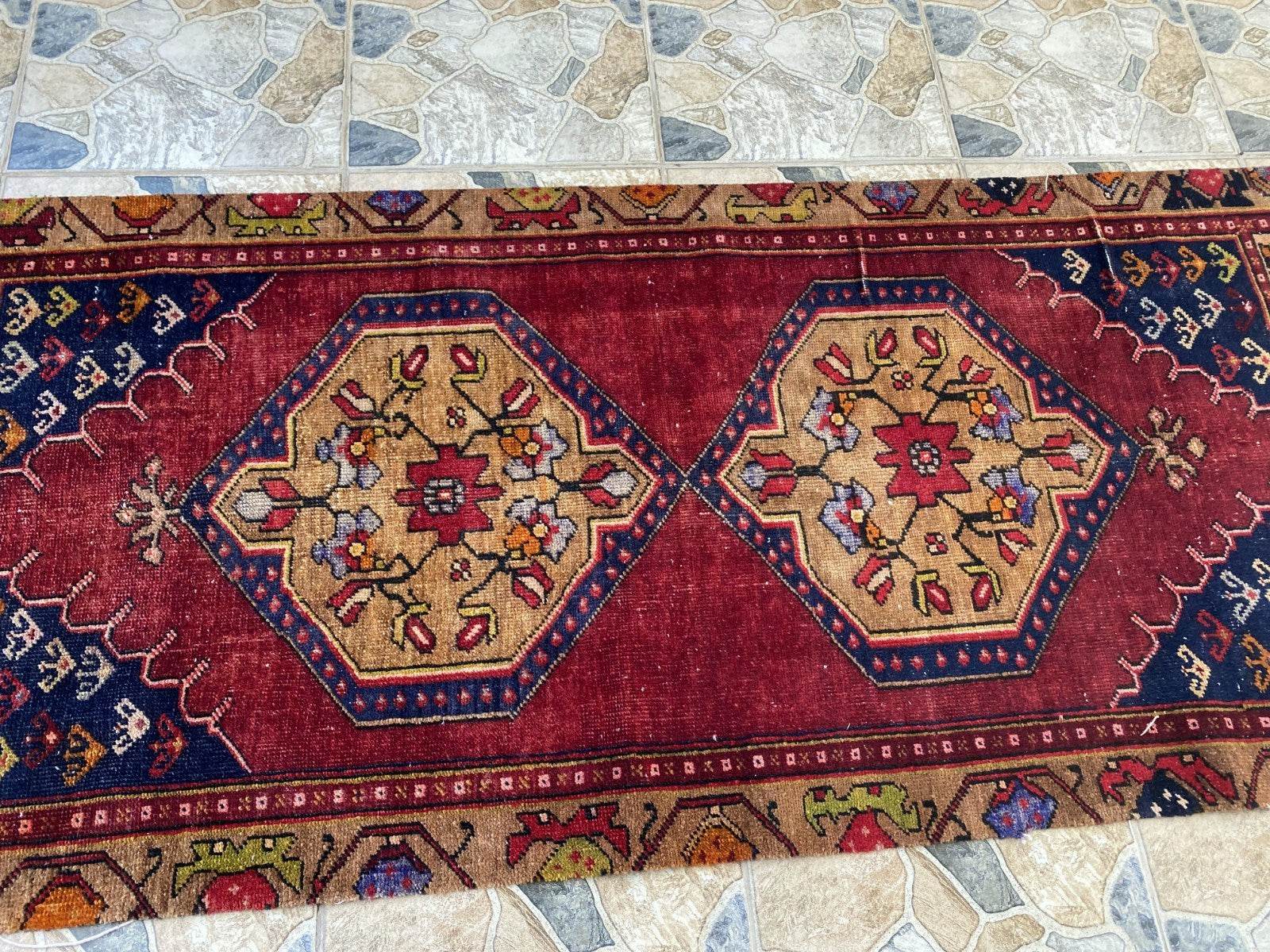 Vintage Anatolian Area Rug | 2.9x7.7 ft Handwoven Wool Antique Farmhouse Carpet