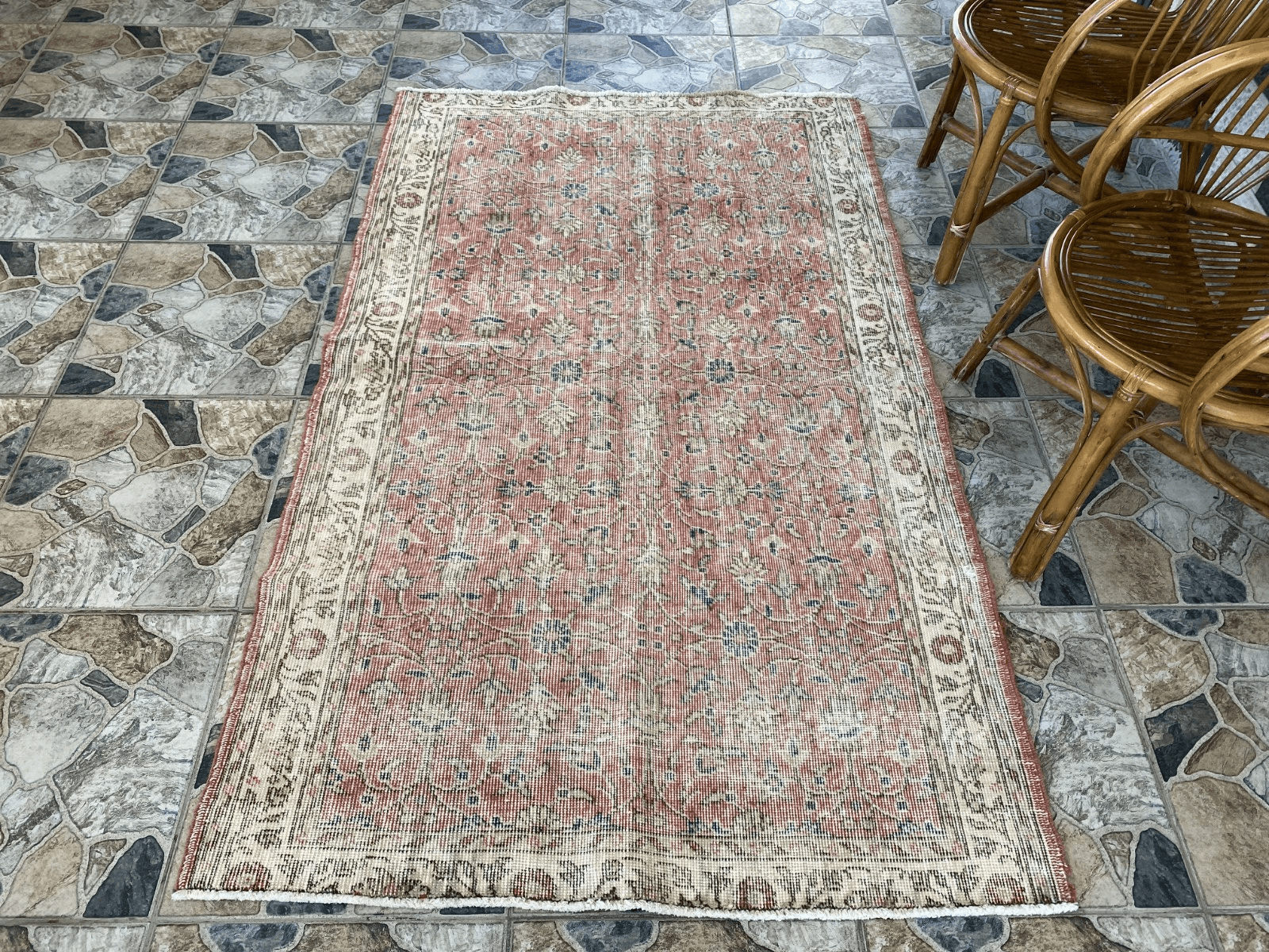 Geometric Turkish Vintage Rug,Farmhouse Handmade Anatolian Village Rug 3.8x6.2ft