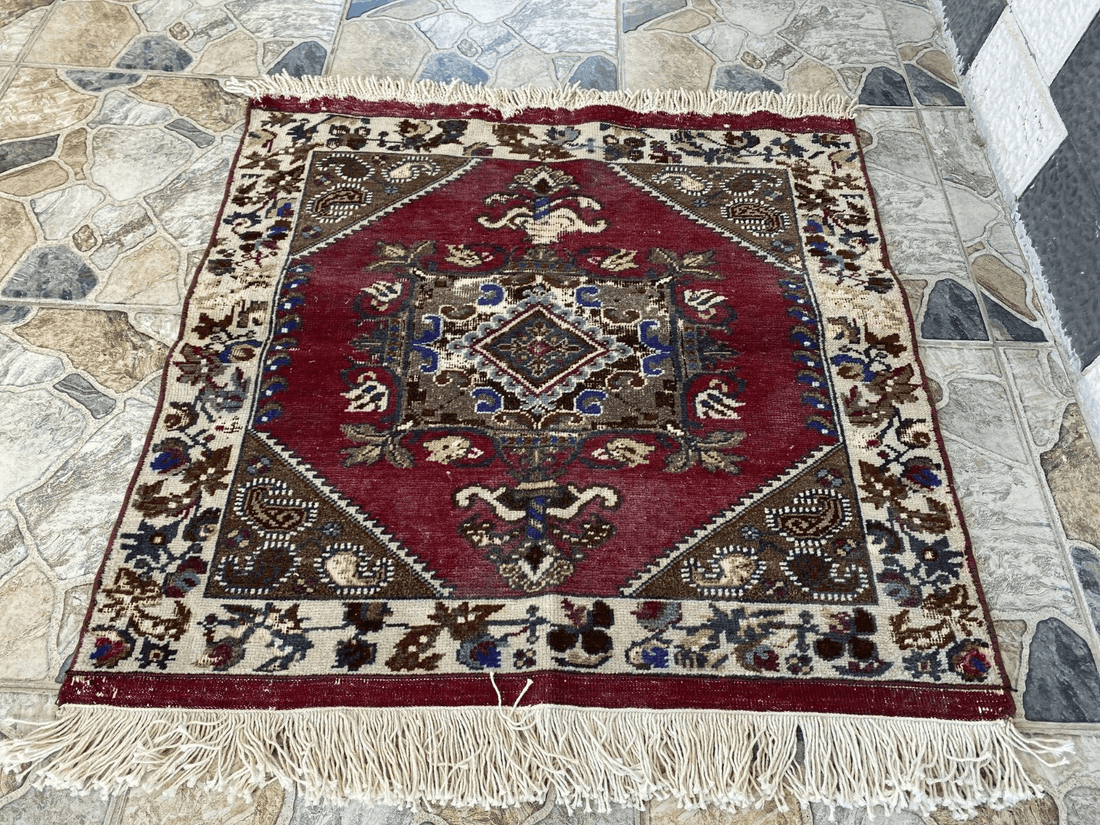 Vintage Turkish Rug | Tribal Handmade Wool Antique Farmhouse Carpet 2.8x2.6 ft