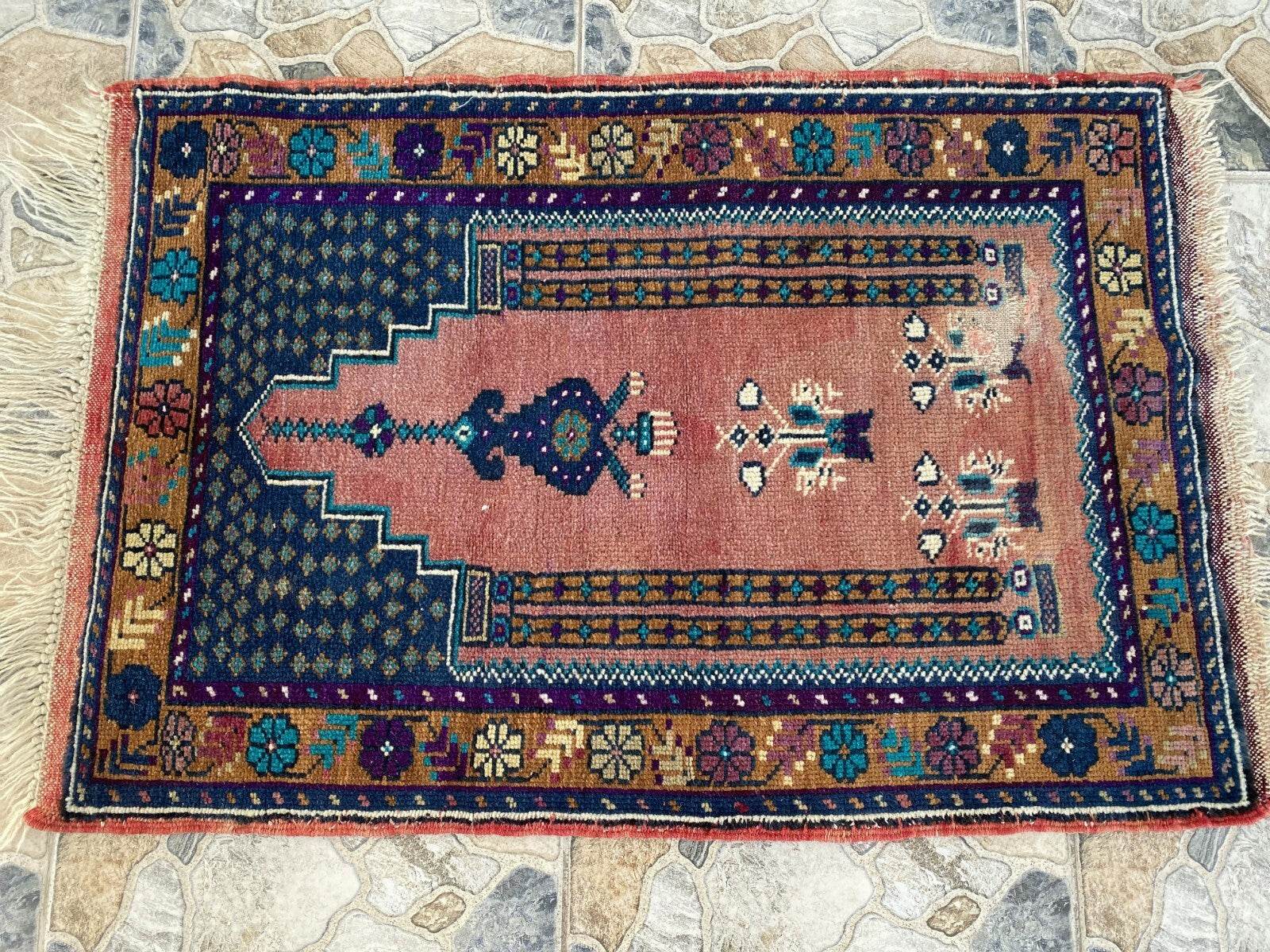 Vintage Turkish Oushak Rug, 2 x 3 ft Pink Handmade Wool Antique Tribal Small Rug