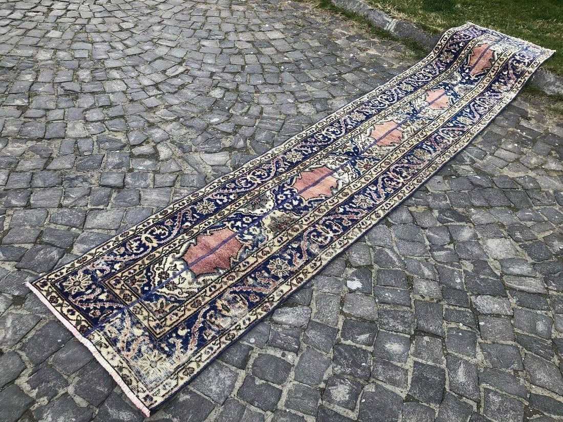 Vintage Turkish Oushak Rug | 3x11.7 ft| Antique Blue Wool Handmade Runner Carpet