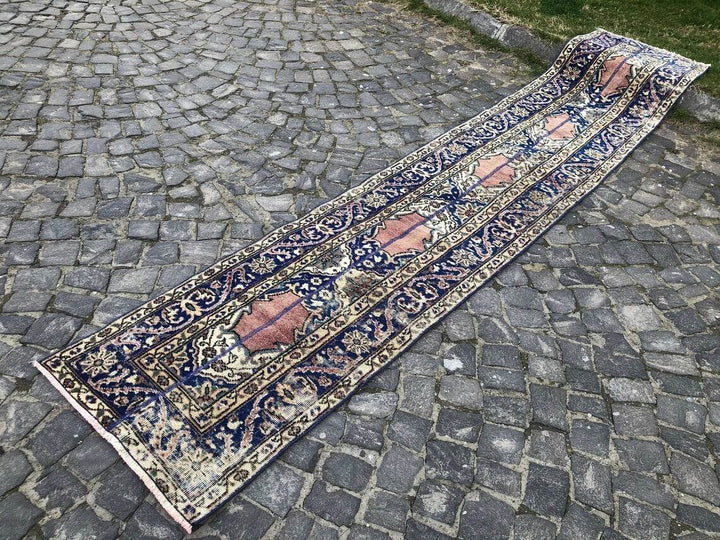 Vintage Turkish Oushak Rug | 3x11.7 ft| Antique Blue Wool Handmade Runner Carpet