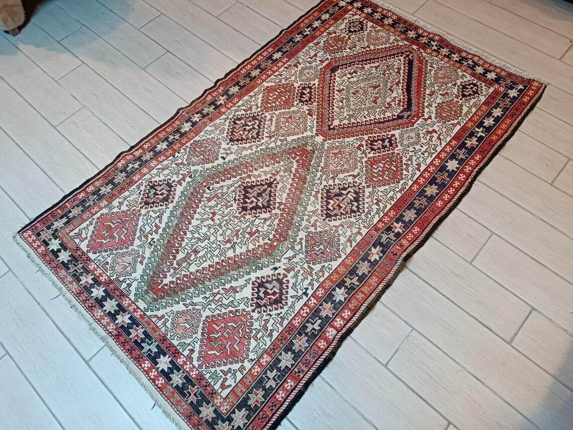 Vintage Persian Style Silk Soumak Rug, Hand-Woven Flatweave | Geometric Area Rug Deco