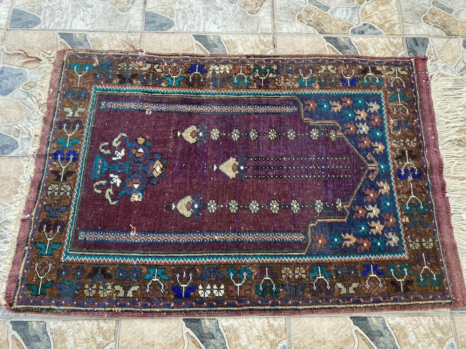 Vintage Turkish Handmade Wool Prayer Rug | Geometric Anatolian Oushak Carpet 2x4