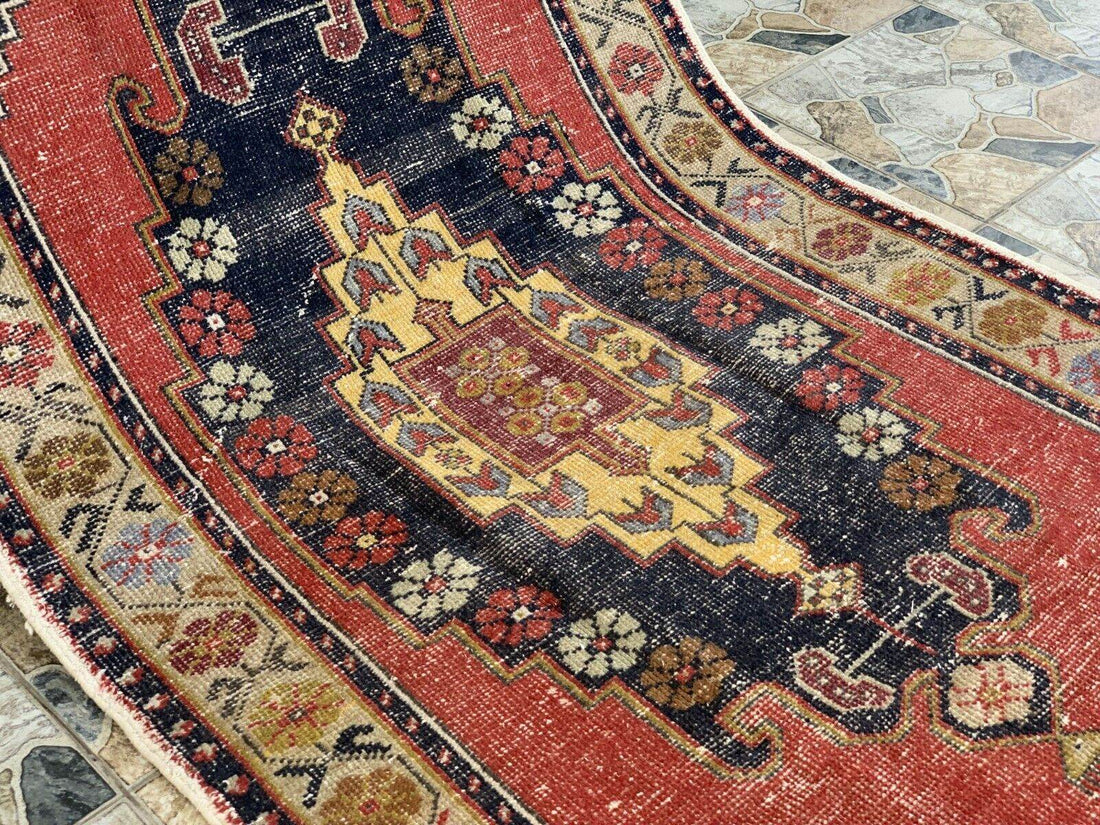 Vintage Oushak Geometric Rug, Handmade Turkish Anatolian Wool Carpet 4.2x8.6