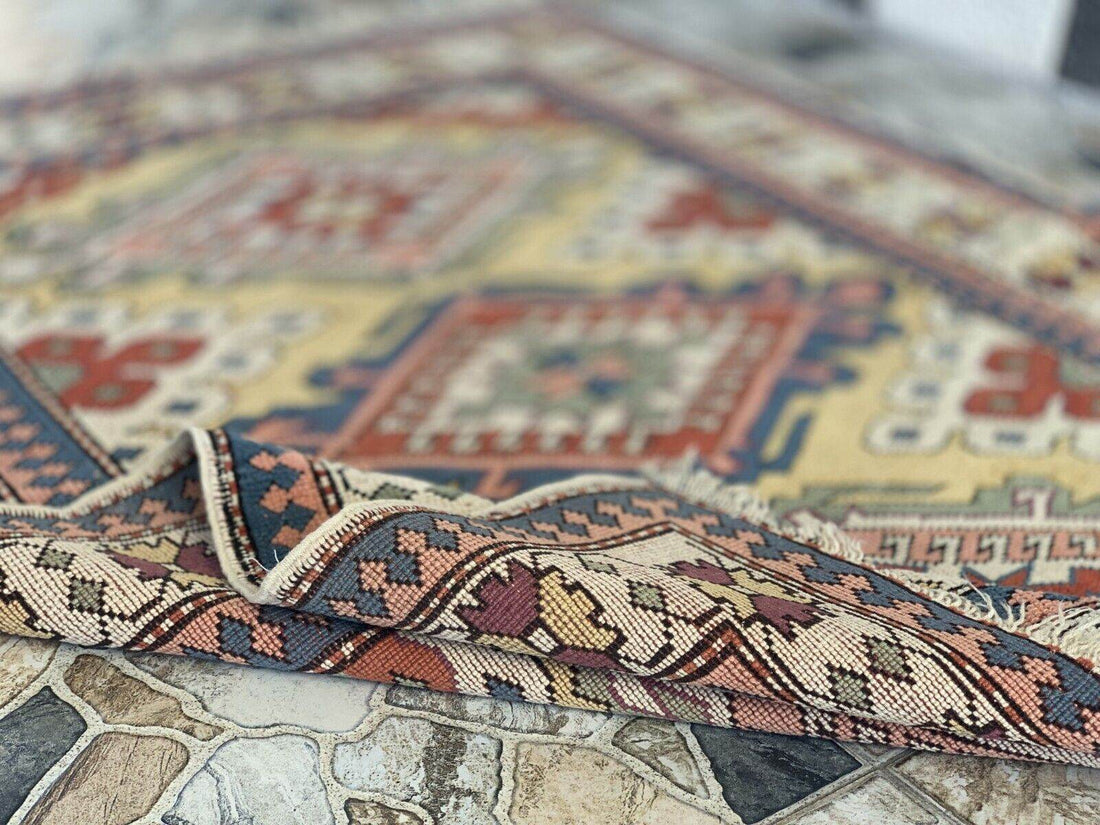 Vintage Handmade Turkish Wool Rug Anatolian Farmhouse Geometric Oushak 4.1x5.4ft