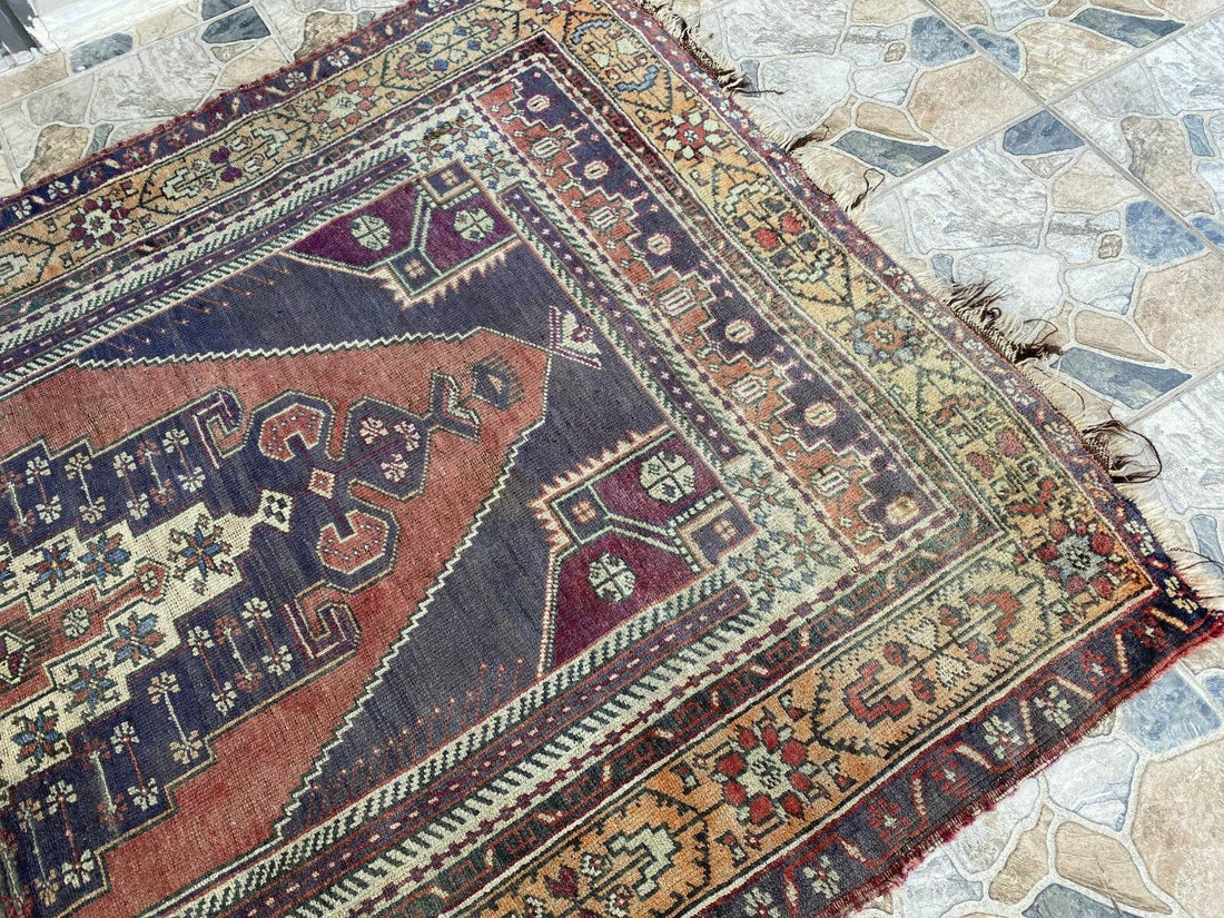 Vintage Turkish Wool Rug, Hand-Knotted Antique Geometric Oushak Area Rug 4x8 ft