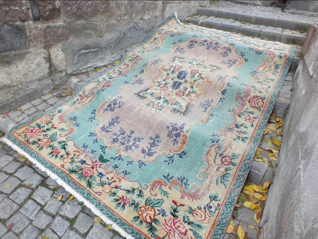 Large Turkish Vintage Oushak Rug, Farmhouse Handmade Wool Geometric 6.4x9.6 Ft