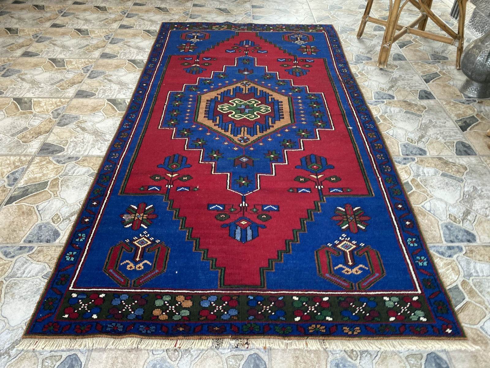 Vintage Rug | Wool Area Antique Farmhouse Anatolian Handmade Turkish Rug 4x7ft