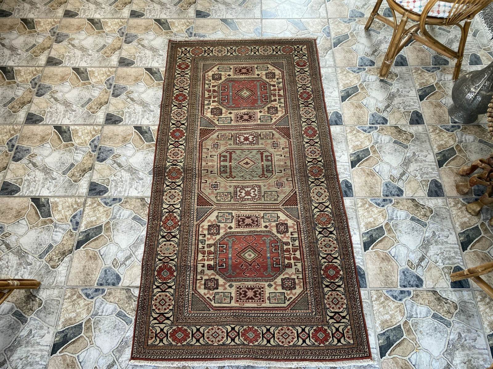 Vintage Turkish Wool Rug Hand-Knotted Antique Geometric Kayseri Tribal Area 3x6