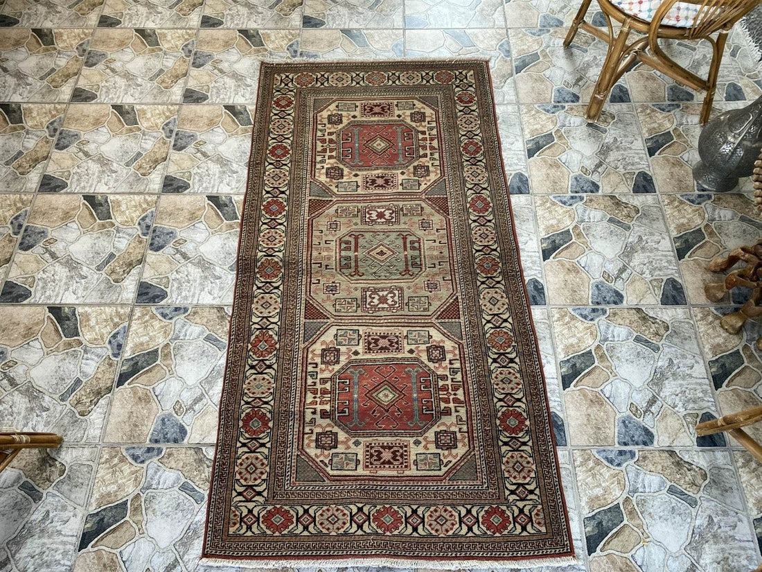 Vintage Turkish Wool Rug Hand-Knotted Antique Geometric Kayseri Tribal Area 3x6