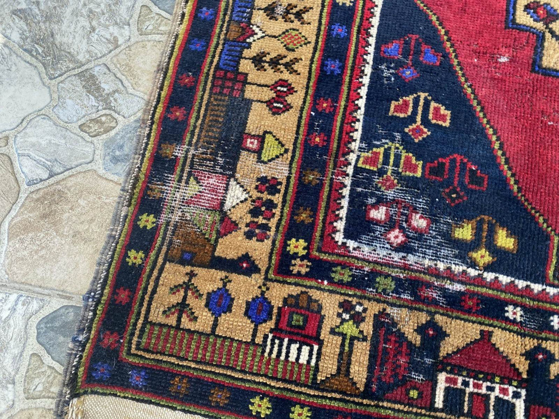 Vintage Turkish Tribal Rug | 3 x 9 ft Farmhouse Hand-Knotted Wool Geometric Rug