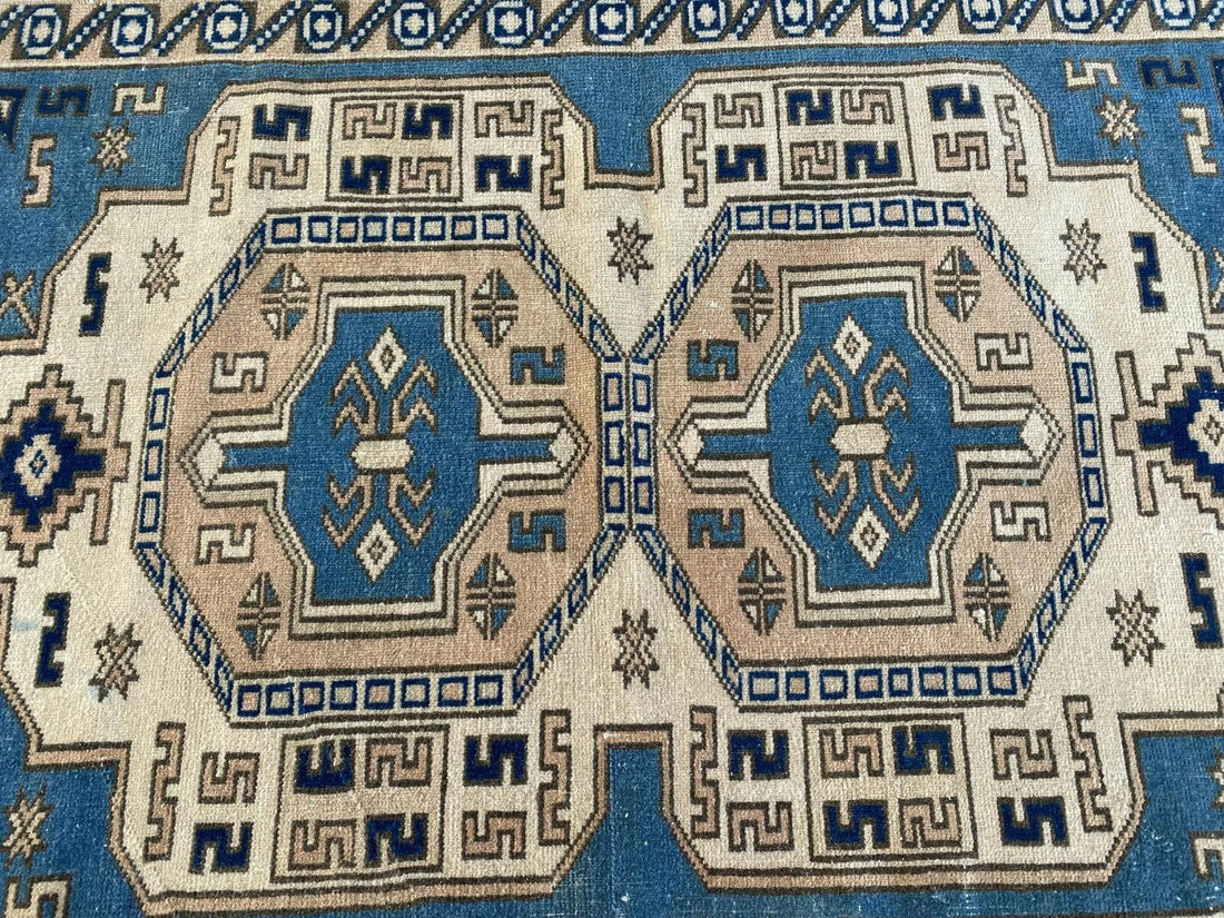 Vintage Turkish Wool Rug, Hand-Knotted Antique Geometric Oushak Small Runner 2x4