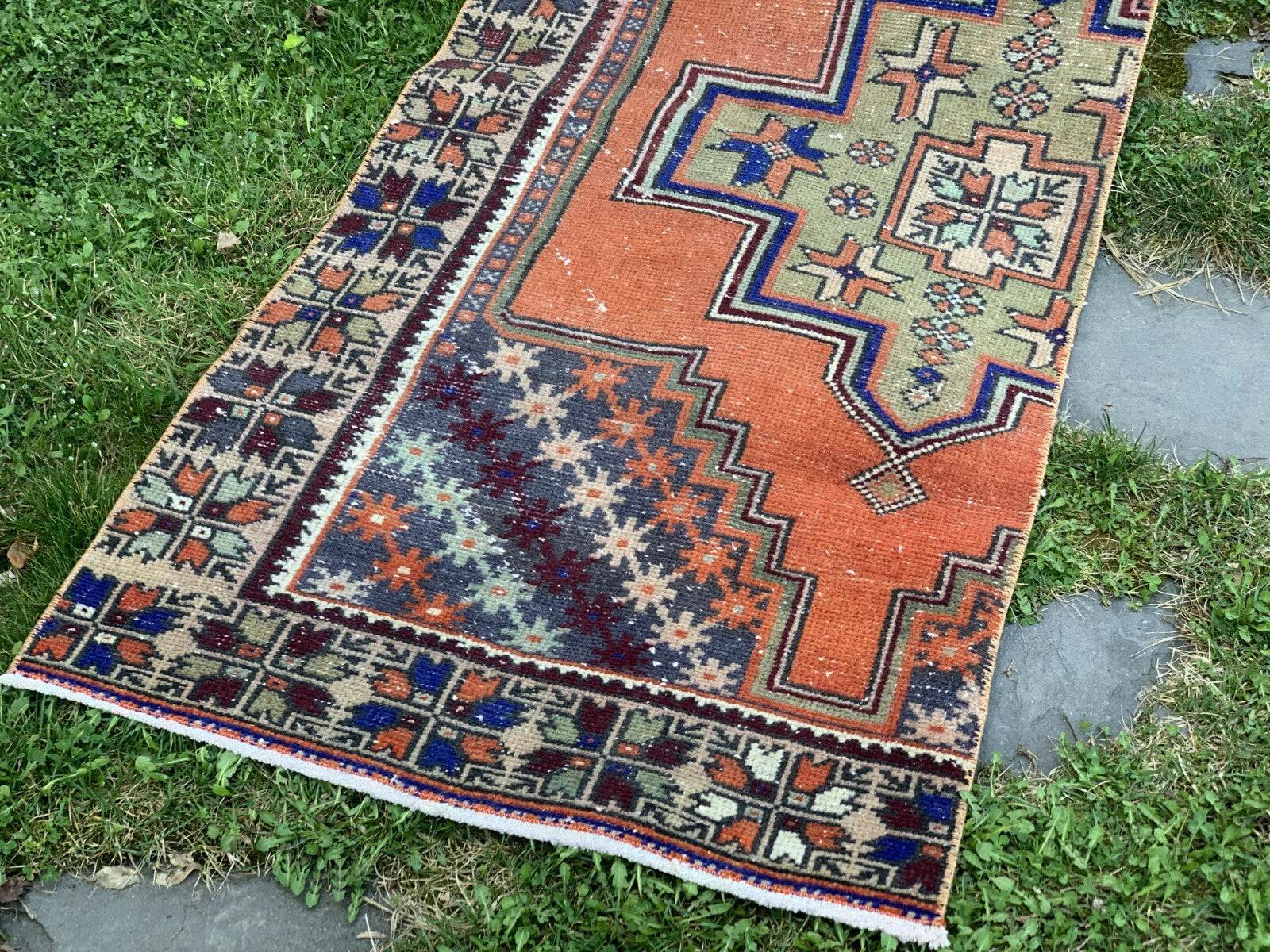 Turkish Vintage Oushak Rug, Wool Handmade Farmhouse Geometric Runner 2.5x8.2 ft