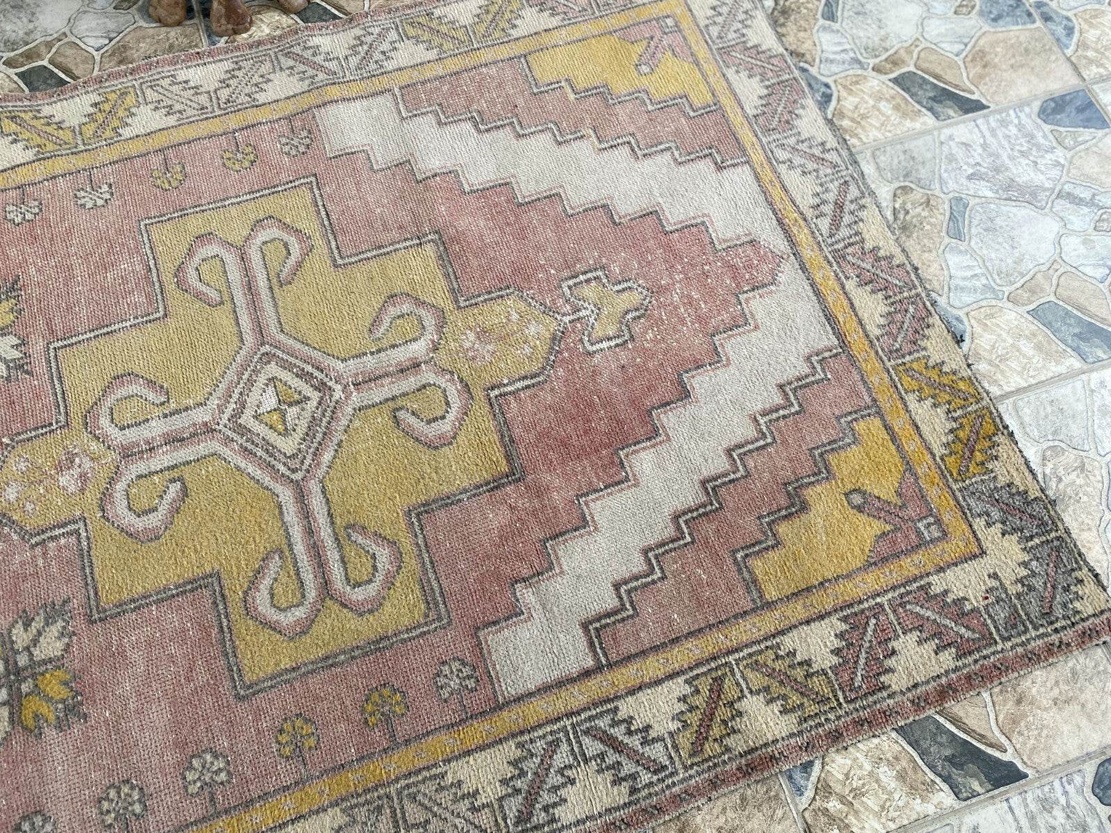 Vintage Turkish Oushak Rug, 4 x 8 ft Handmade Pink Wool Antique Tribal Area Rug