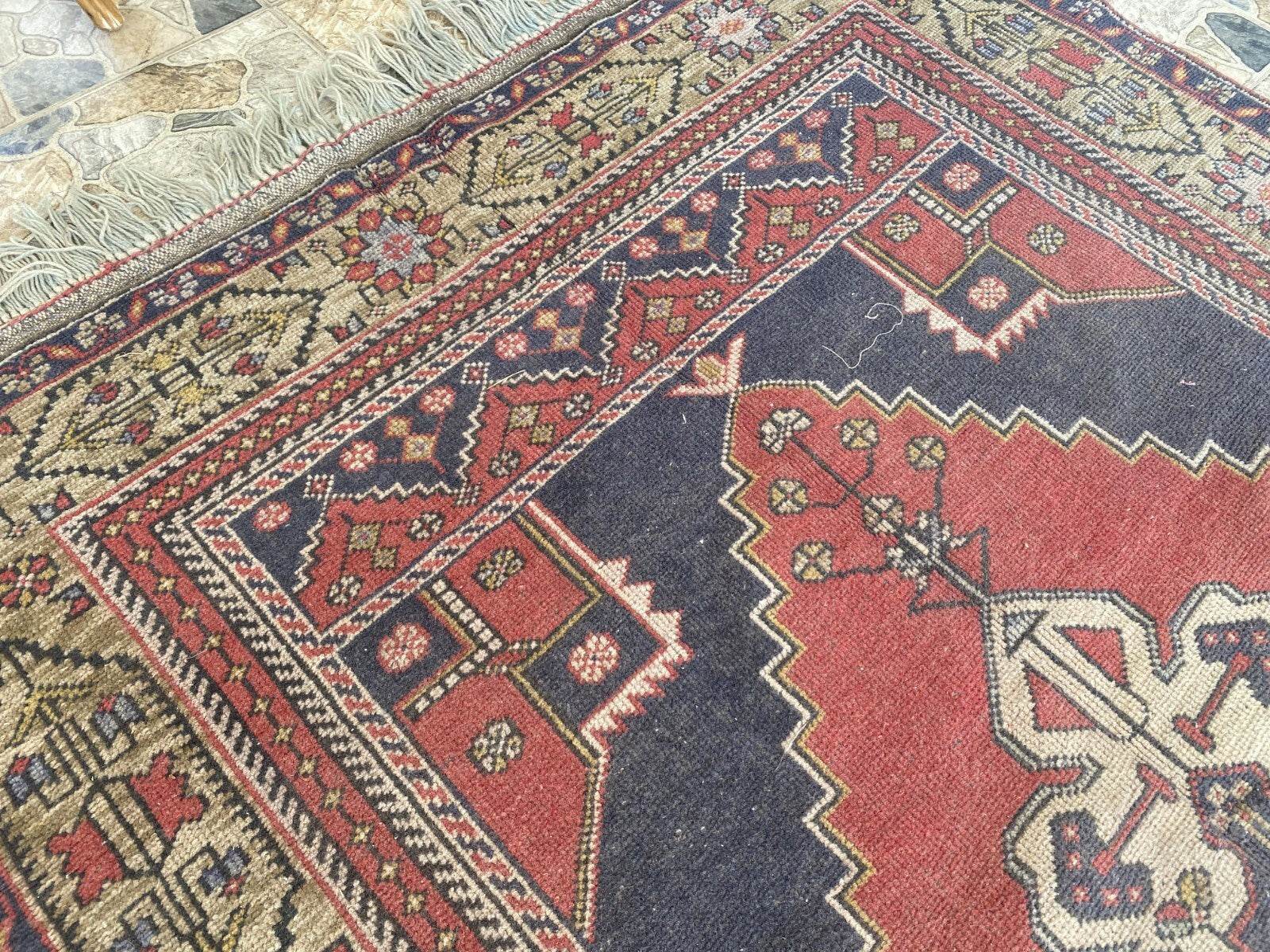 Vintage Turkish Oushak Rug, 5.0x9.7 ft Red Handmade Wool Antique Tribal Area Rug