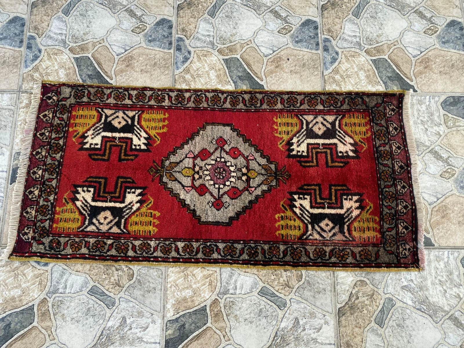 Vintage Rug | Small AntiqueWool Farmhouse Anatolian Handmade Turkish 1.7x3.5ft
