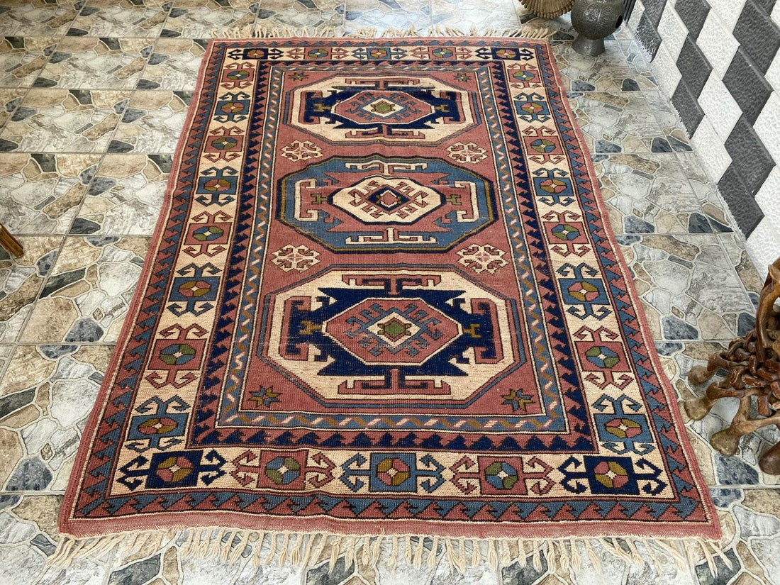 Vintage Turkish Rug | 5.3 x 7.9 ft Hand-Knotted Wool Faded Pastel Anatolian Area