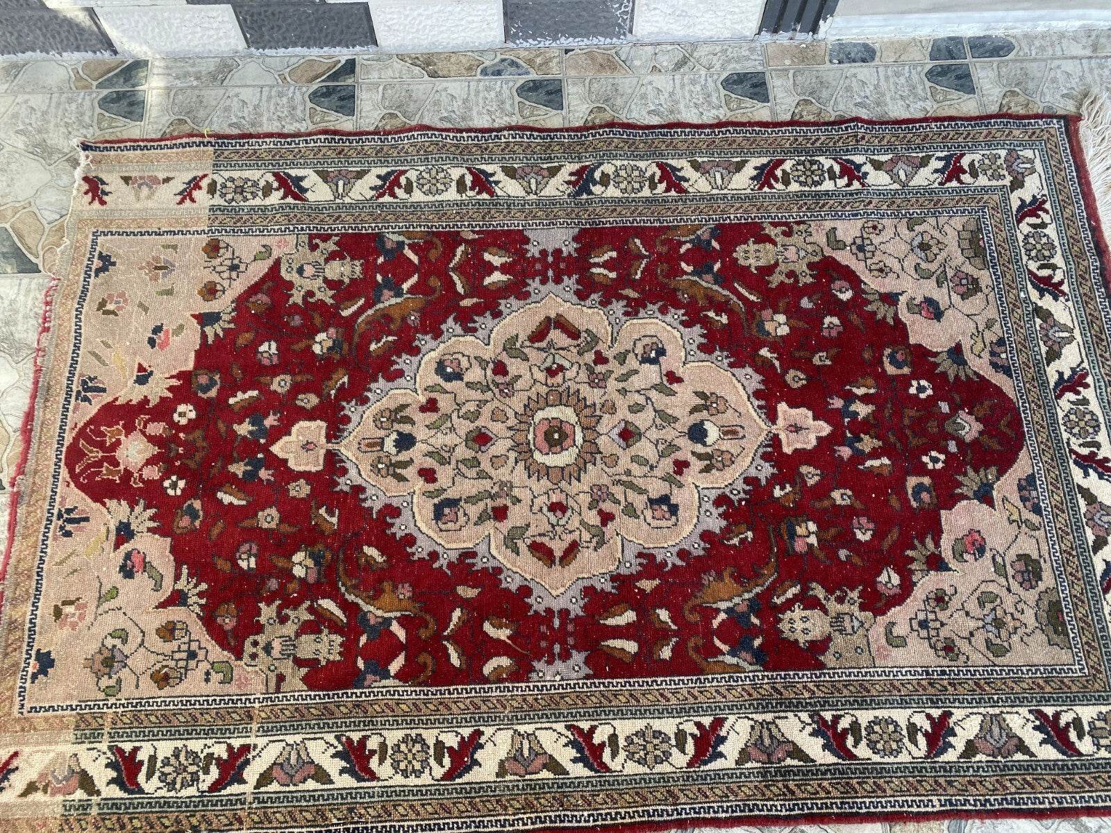 Vintage Turkish Wool Rug, Antique Red Hand-Knotted Oushak Anatolian 1970s 4x6