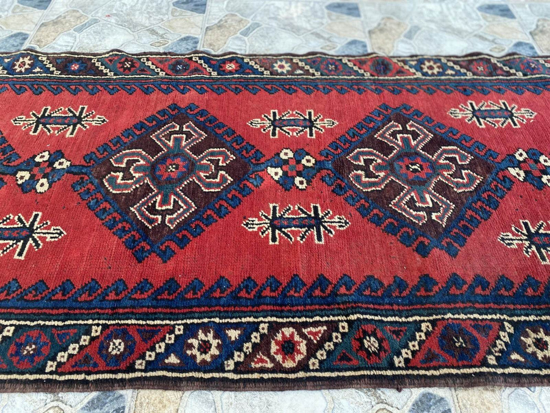 Geometric Turkish Vintage Rug,Farmhouse Handmade Anatolian Village Rug 2.6x9.8Ft