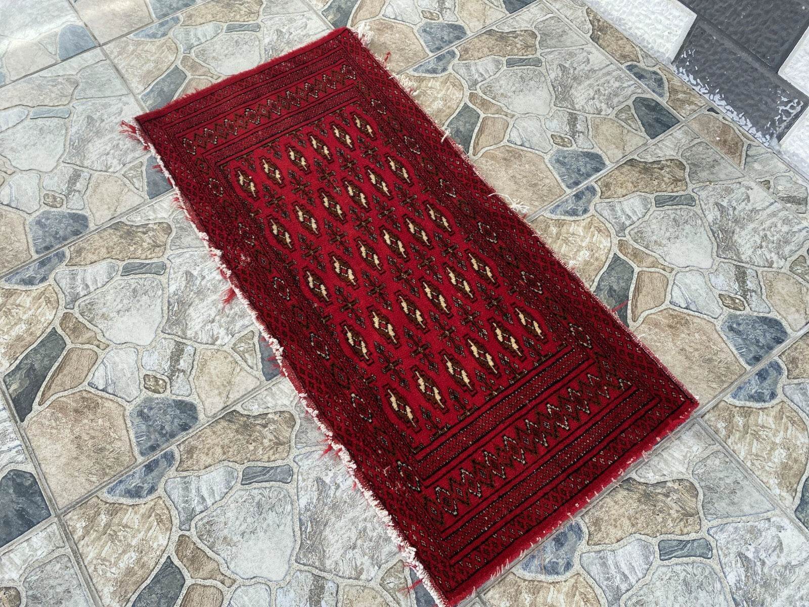 Vintage Afghan Rug - Wool Handmade Bohemian Distressed Farmhouse Small Rug 2x3