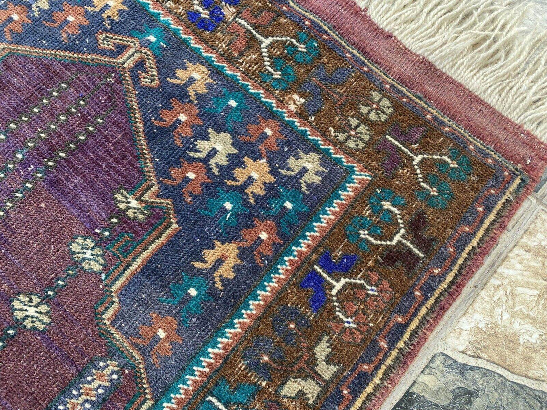 Vintage Turkish Handmade Wool Prayer Rug | Geometric Anatolian Oushak Carpet 2x4