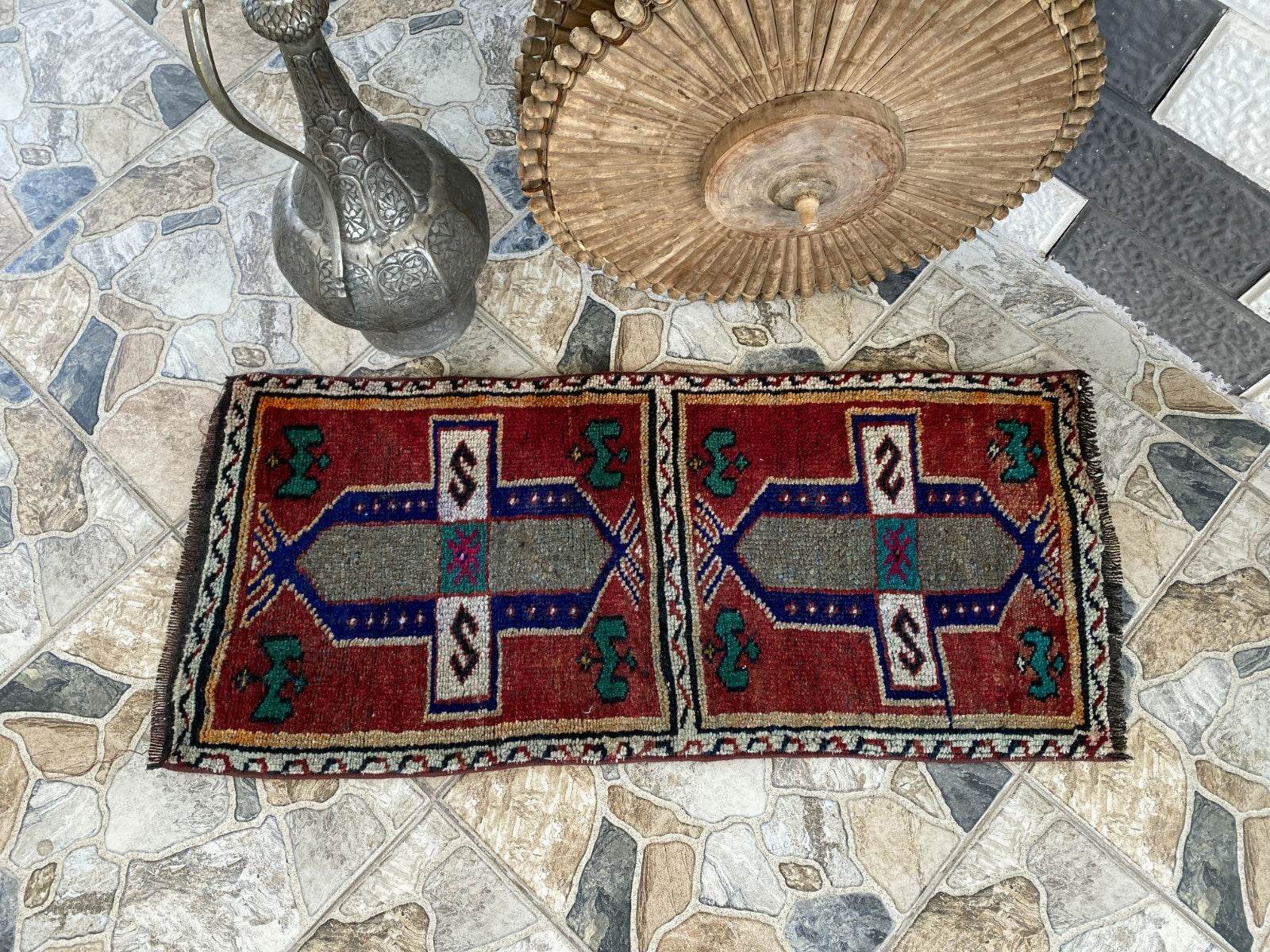 Vintage Turkish Tribal Rug | 1.6 x 3.4 ft | Handmade Wool Anatolian Small Carpet
