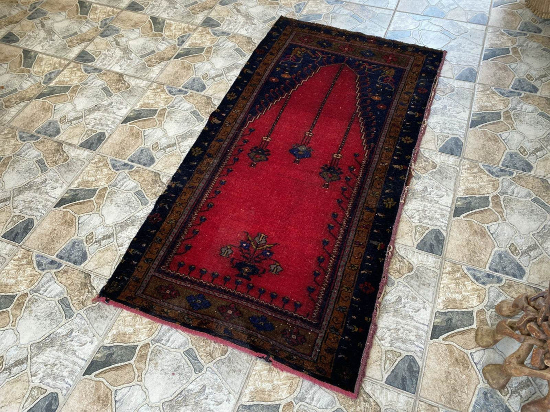 Vintage Hand-Knotted Wool Rug 2.6 x 5.2 ft Nomadic Faded Anatolian Prayer Carpet