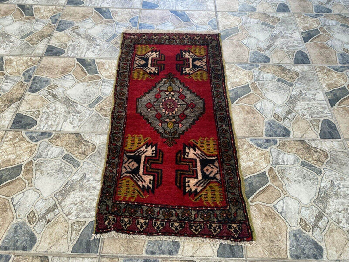 Vintage Rug | Antique Small Wool Farmhouse Anatolian Handmade Turkish 1.7x3.4ft