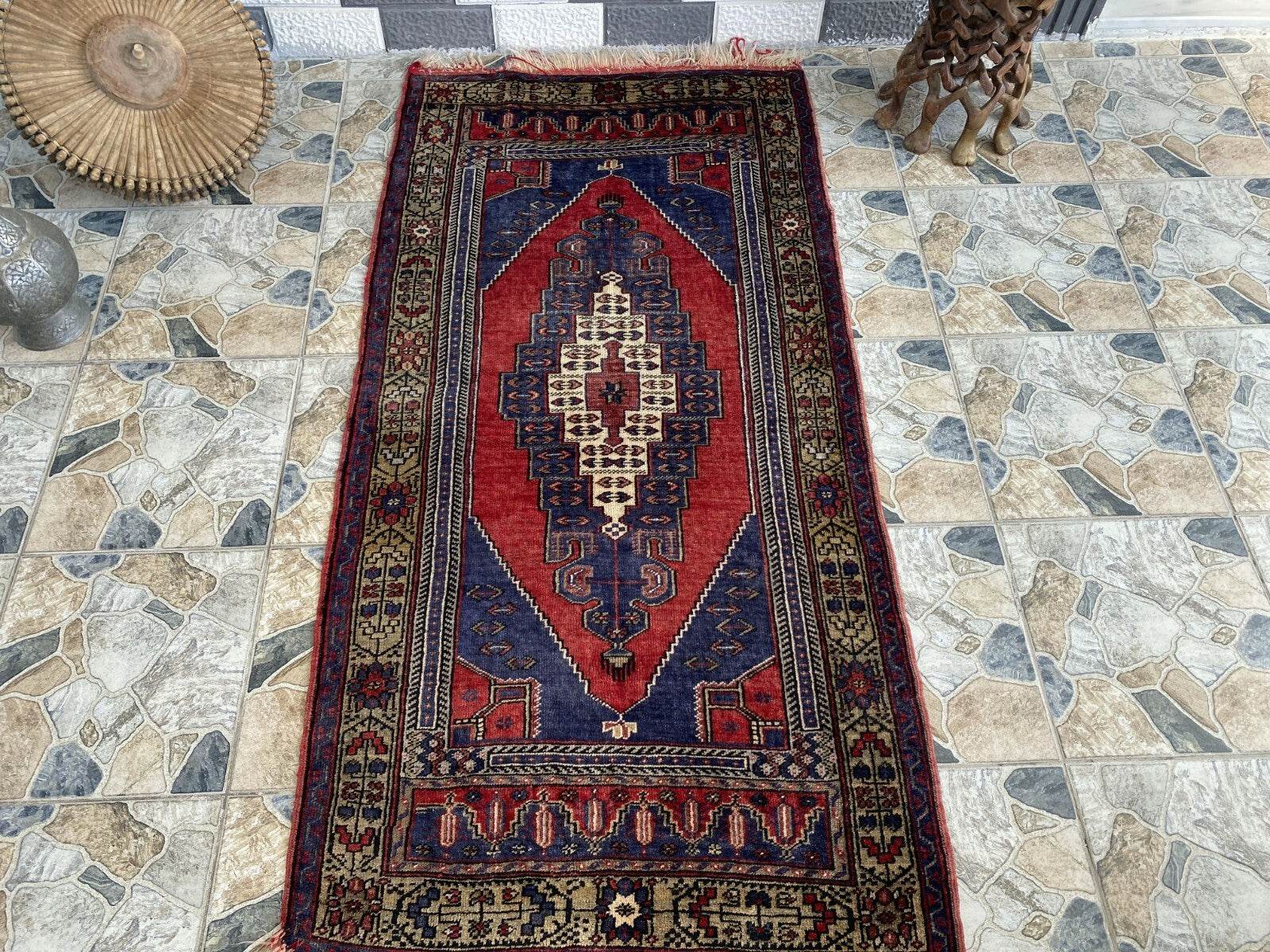 Vintage Turkish Oushak Rug 3x7 ft | Hand-Knotted Wool Anatolian Red Antique Rug