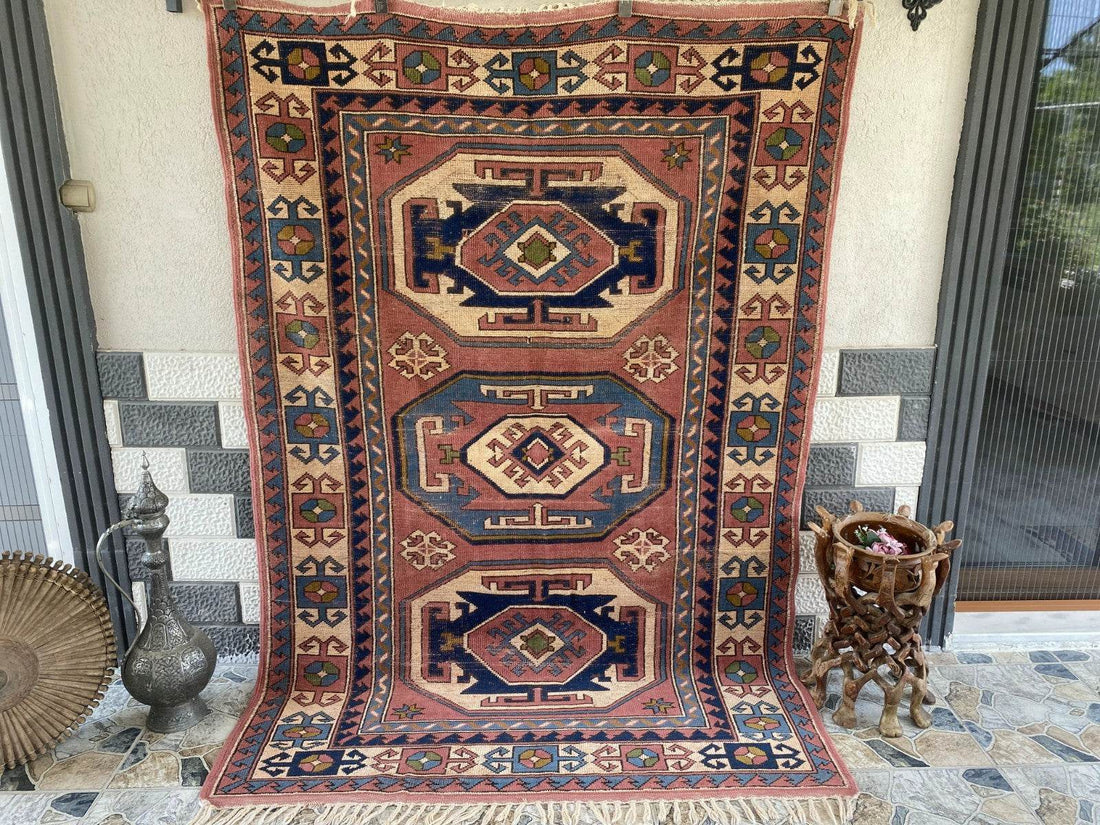 Vintage Turkish Rug | 5.3 x 7.9 ft Hand-Knotted Wool Faded Pastel Anatolian Area