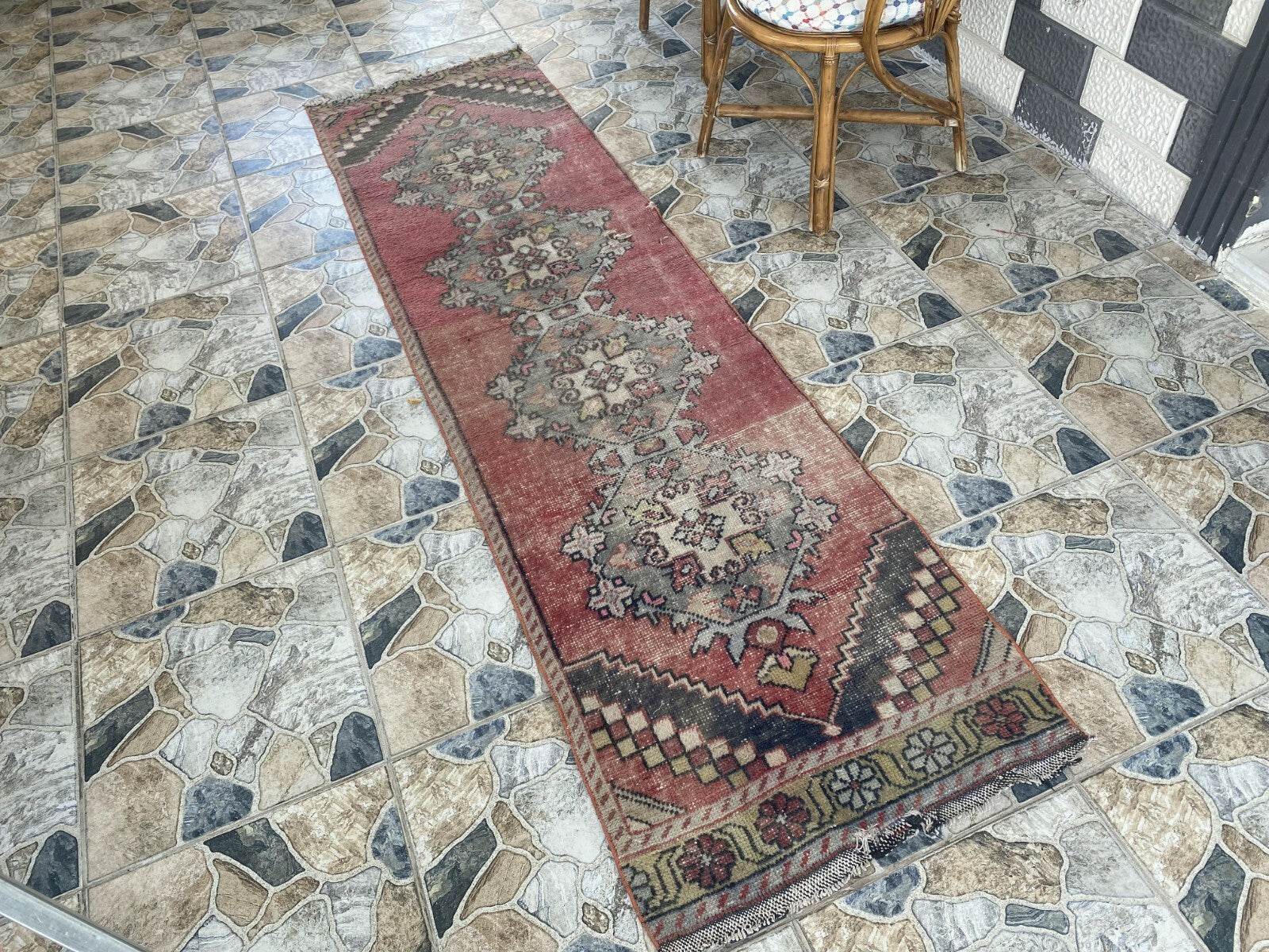 Vintage Turkish Rug | Tribal Farmhouse Handmade Wool Antique Carpet 2.2ftx8.1 ft