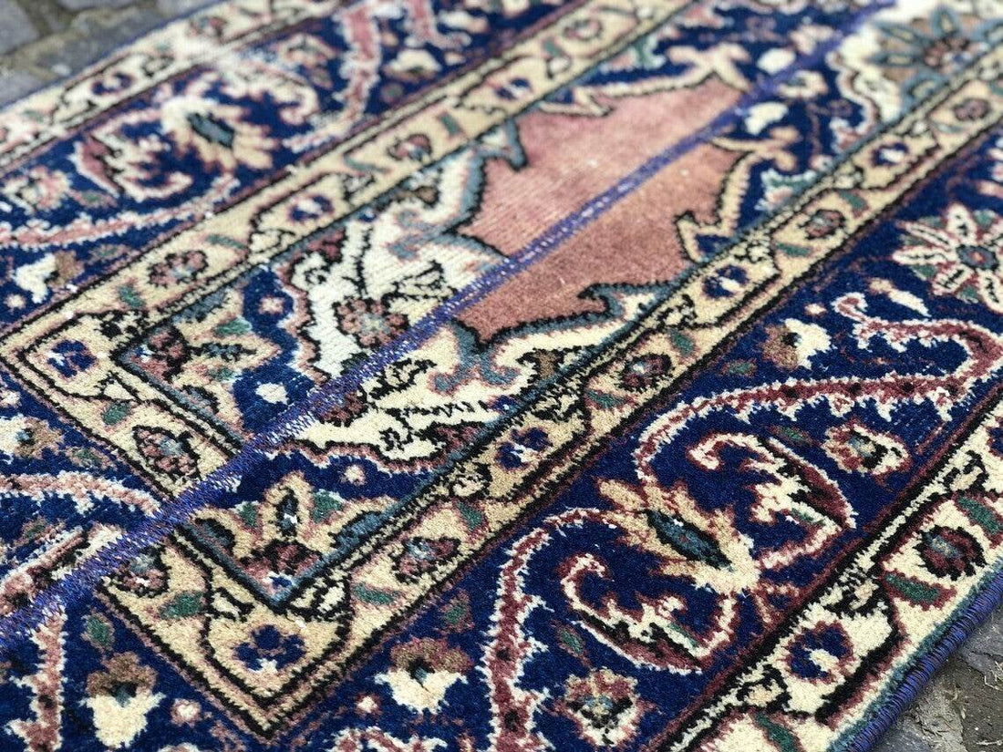Vintage Turkish Oushak Rug | 3x11.7 ft| Antique Blue Wool Handmade Runner Carpet