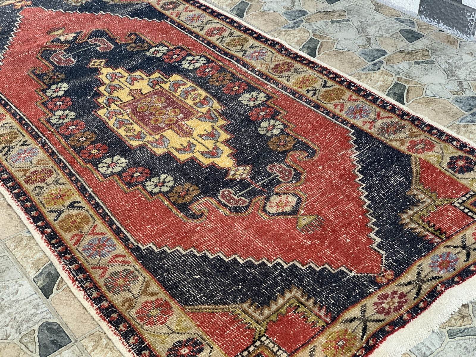 Vintage Oushak Geometric Rug, Handmade Turkish Anatolian Wool Carpet 4.2x8.6