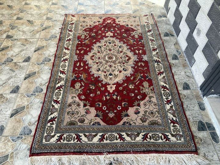 Vintage Turkish Wool Rug, Antique Red Hand-Knotted Oushak Anatolian 1970s 4x6