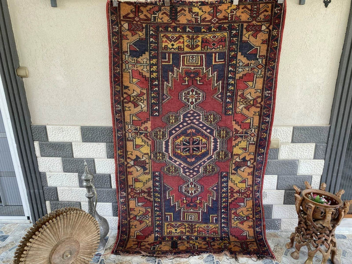 Vintage Turkish Anatolian Rug | 4 x 6.6 ft | Handknotted Geometric Wool Carpet