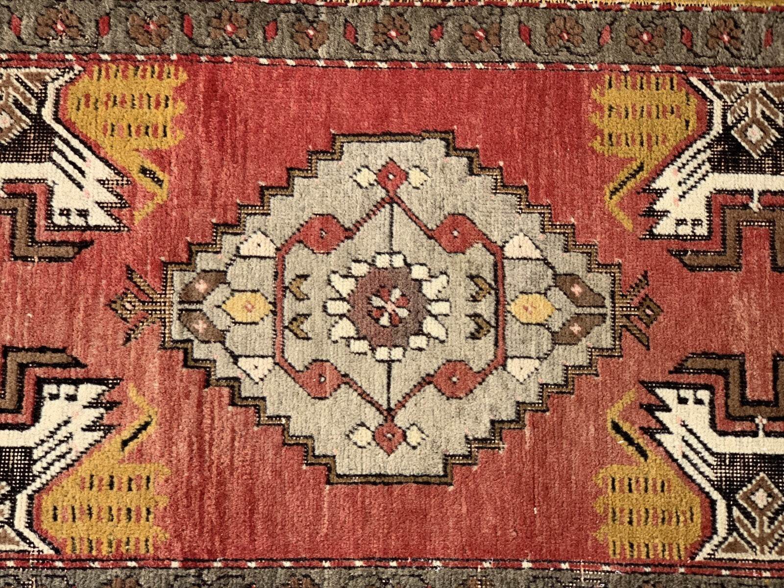 Turkish Vintage Small Oushak Rug, Wool Farmhouse Handmade Geometric Rug, 1.7x3.4