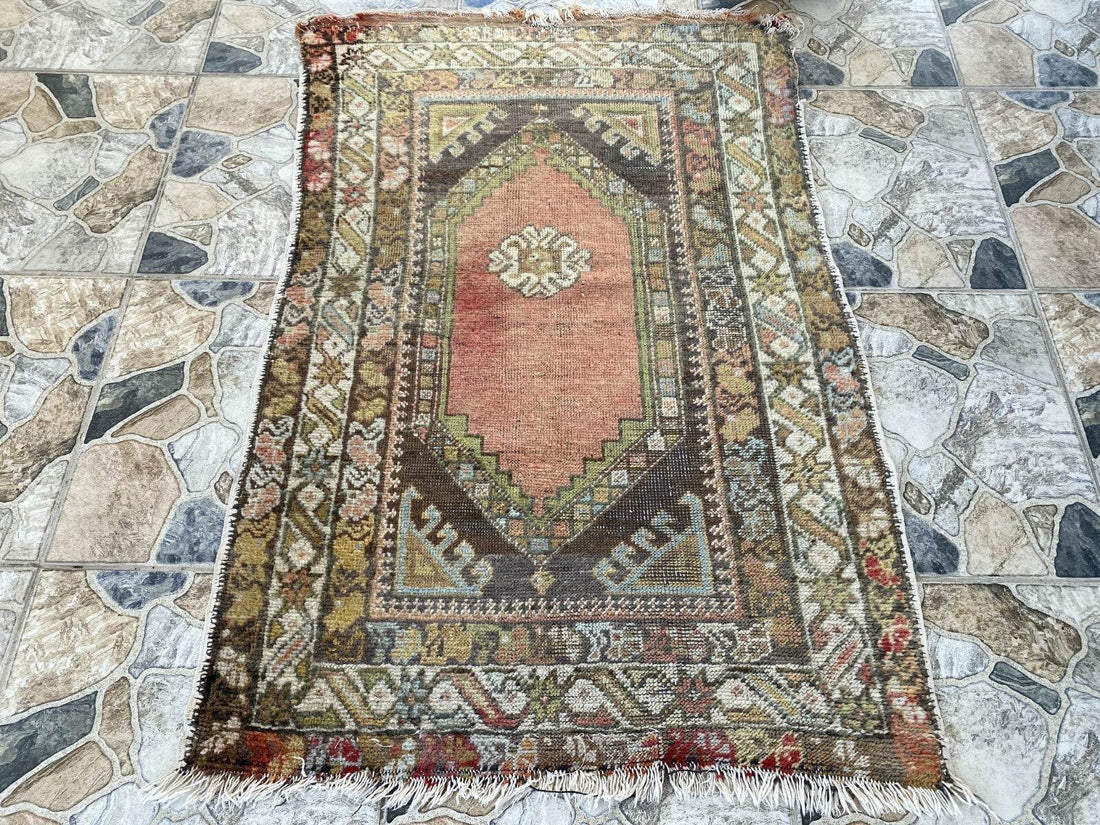 Vintage Turkish Wool Rug - 2 x 4 | Hand-Knotted Antique Oushak Anatolian Tribal