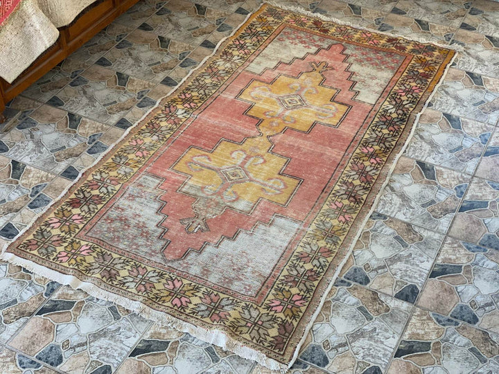 Vintage Turkish Area Rug Tribal Oushak Oriental Farmhouse Wool Geometric 4.4x8.1
