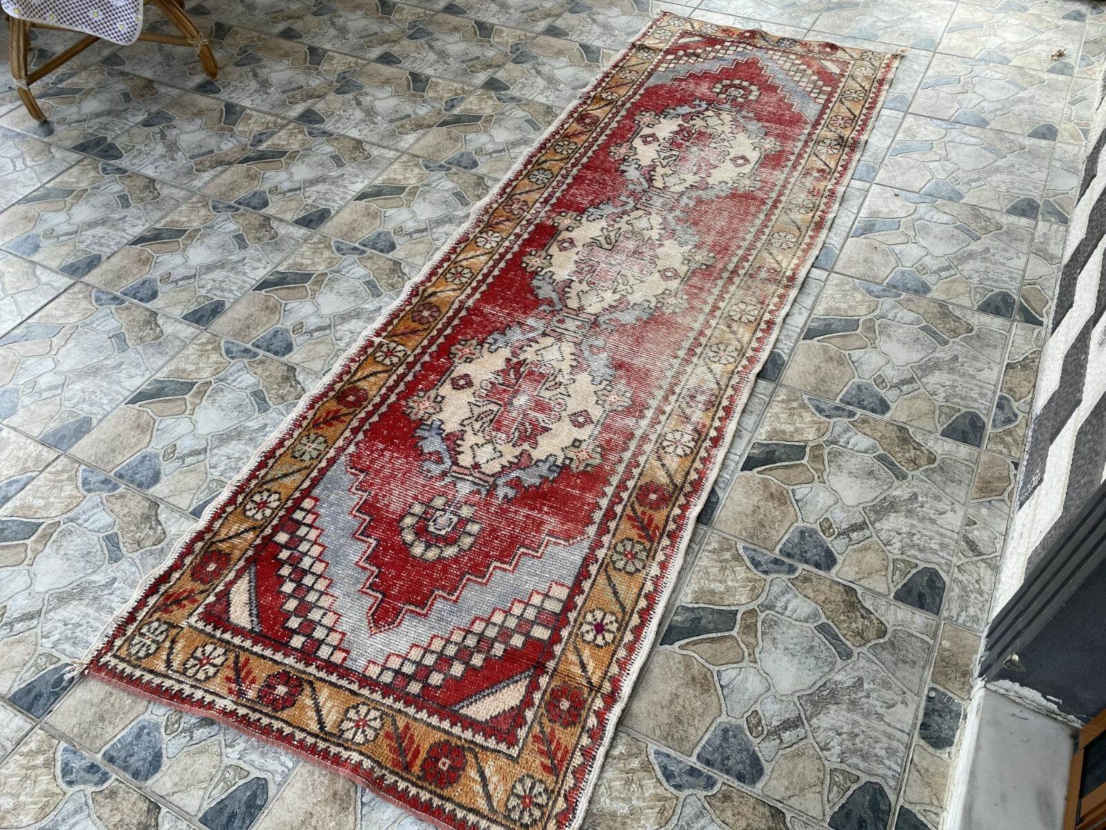 Vintage Turkish Oushak Rug, 3 x 9 ft Red Handmade Wool Antique Tribal Runner Rug