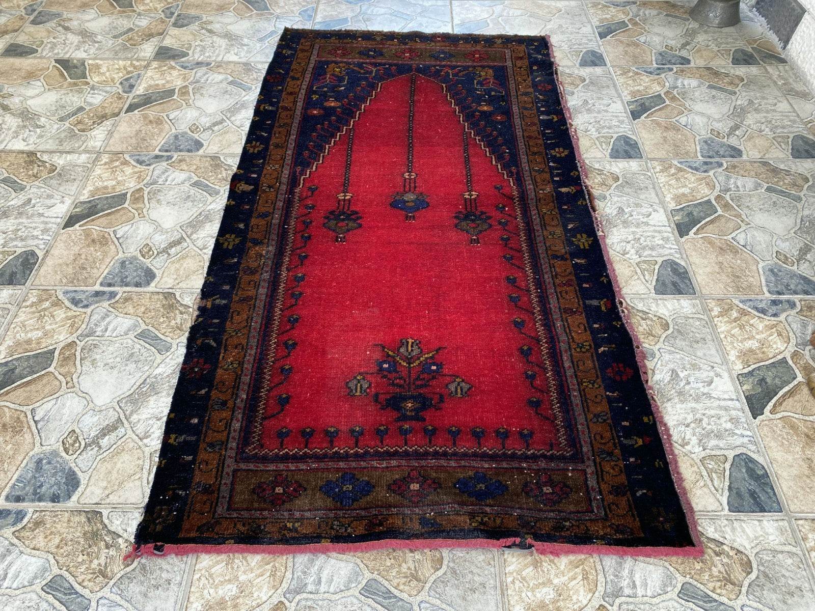 Vintage Hand-Knotted Wool Rug 2.6 x 5.2 ft Nomadic Faded Anatolian Prayer Carpet