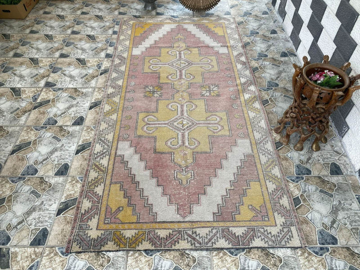 Vintage Turkish Oushak Rug, 4 x 8 ft Handmade Pink Wool Antique Tribal Area Rug